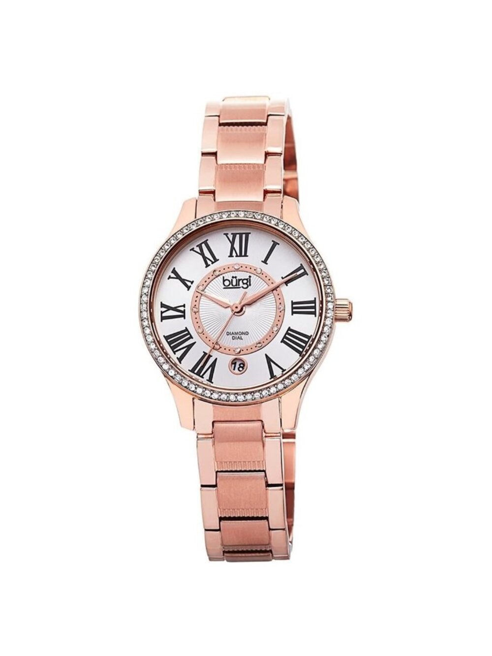 NWT Burgi Rose Gold-Tone Stainless Steel Silver-Tone Diamond Dial Ladies Watch